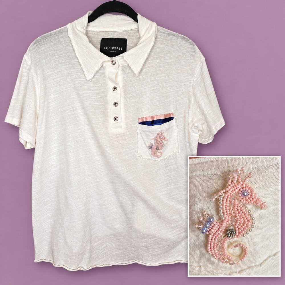 *NEW Le Superbe Beaded Seahorse Polo Top White Semi Sheer Women's Medium